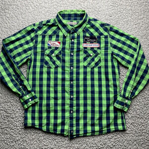 Paper Denim & Cloth Button Up Shirt Mens XL Green Plaid Fishing Patches Tequila
